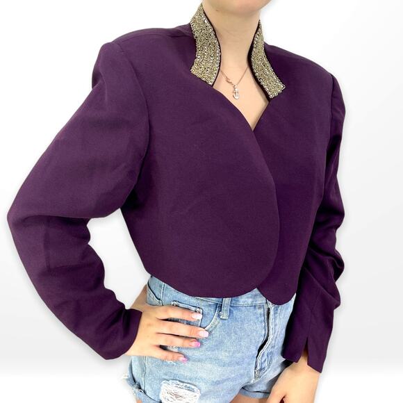 VINTAGE 90s Purple Blazer with Gold Rhinestone Studded Collar - Picture 2 of 5